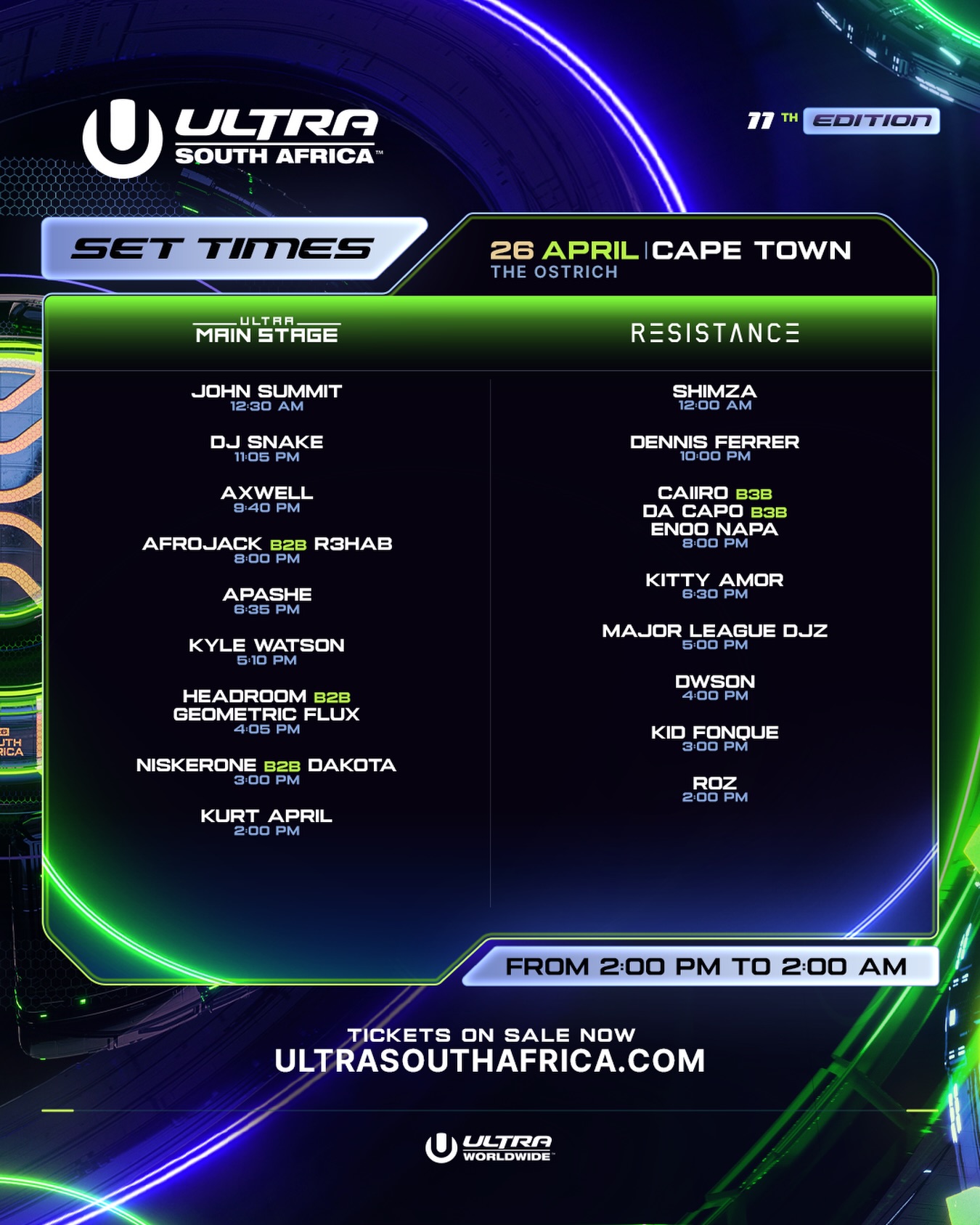 Ultra South Africa 2026 Set Times | Johannesburg & Cape Town Lineups