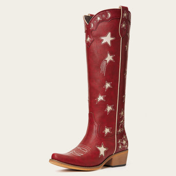 The Celestial - Fire Red Snip Toe Starry with Moon Cutout Tall Cowgirl Boots