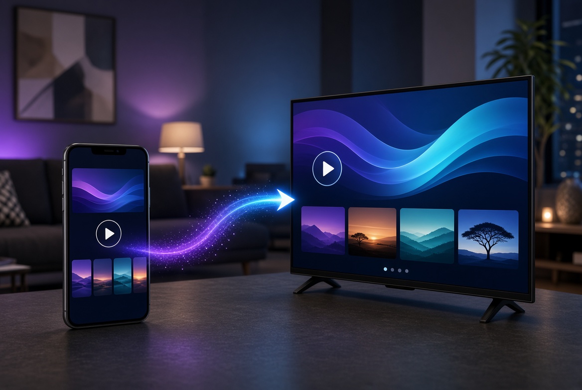 Create a premium editorial news feature image for a South African streaming article titled “What Happened to Showmax?” Show a smartphone and modern smart TV displaying a generic streaming interface, with visual cues representing Showmax transitioning into DStv Stream. Include a subtle South African living-room setting and cinematic blue/purple streaming-service lighting. Visually communicate the idea of a streaming service shutting down and its content/subscribers moving to a new platform. Include a tasteful “Showmax → DStv Stream” visual transition, but avoid fabricated logos or small unreadable text. Realistic photography, polished technology-news aesthetic, dramatic but clean composition, strong visual hierarchy, high contrast, premium publication quality, ample negative space for a headline overlay, landscape 16:9, 1200×675 pixels, optimized for Google Discover, no watermark, no distorted text.